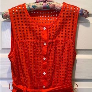 J Crew Eyelet Sleeveless Coral Belted Dress